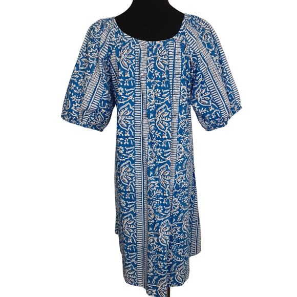 Livro Mini Dress Puff Sleeve Button Front Hand Block Mini Printed Blue Womens S - Picture 4 of 9